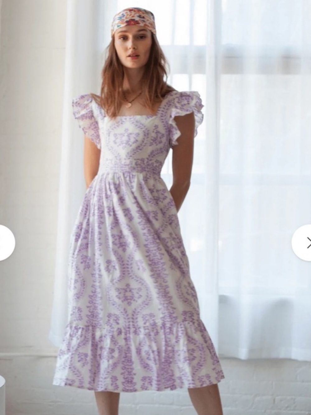 White and Lilac Floral Midi Dress with Ruffle Straps